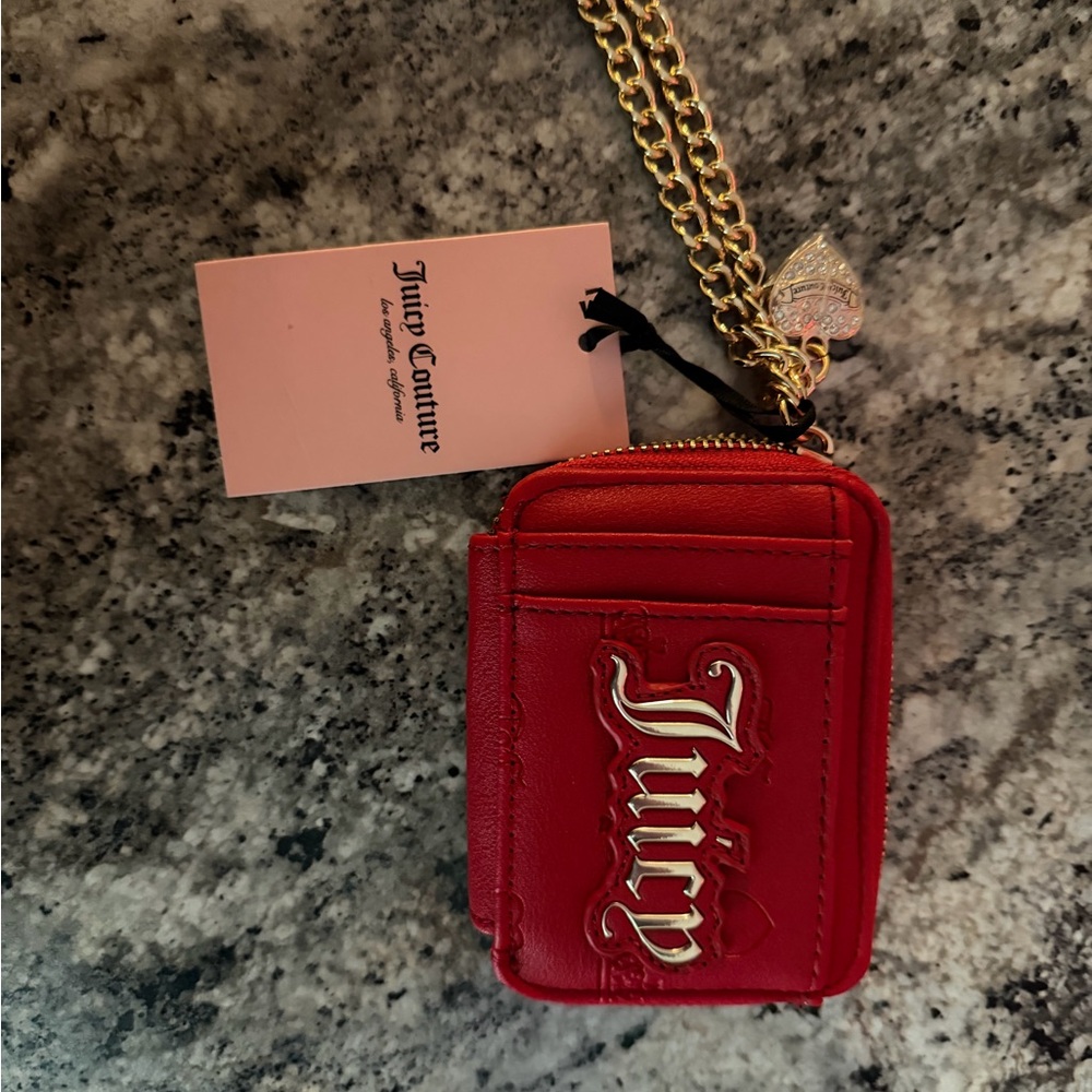 Juicy Couture Red Mini Card Case with Gold Chain & Heart Charm